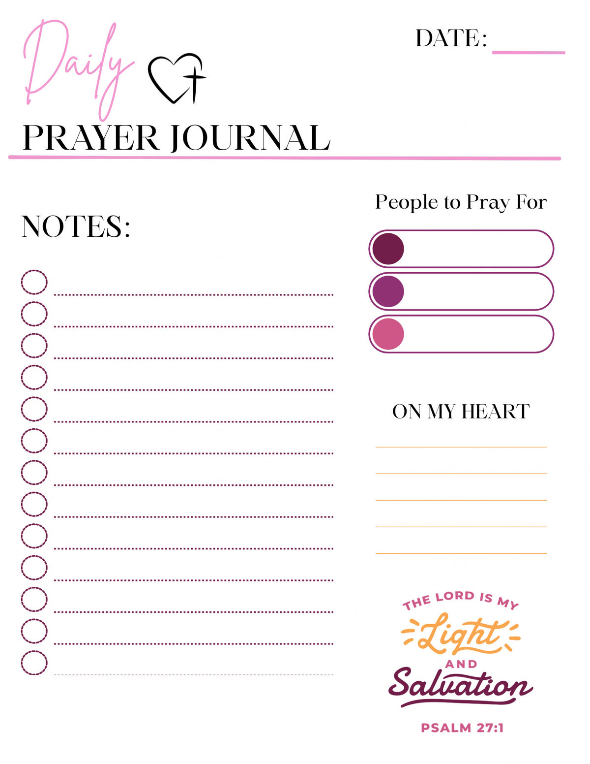 DAILY PRAYER JOURNAL (PINK/PURPLE) PSLAM 27:1 W/ HEART